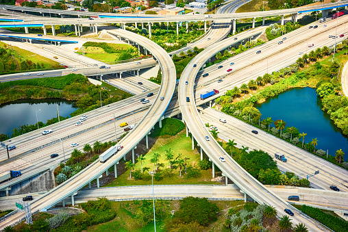 Two freeways connecting together located in the suburban Miami area of South Florida shot from an altitude of about 800 feet during a helicopter photo flight.