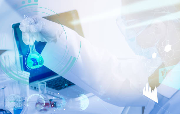 istock Flask in scientist hand with test tubes for analysis. 687780926