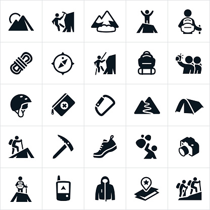 A set of mountaineering icons. The icons include mountain climbing, ice climbing, hiking, climbers, climbing equipment, helmet, rope, navigation equipment, mountains, trails, map, outerwear and safety hazards to name a few.