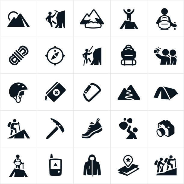 Mountaineering Icons A set of mountaineering icons. The icons include mountain climbing, ice climbing, hiking, climbers, climbing equipment, helmet, rope, navigation equipment, mountains, trails, map, outerwear and safety hazards to name a few. hiking icons stock illustrations