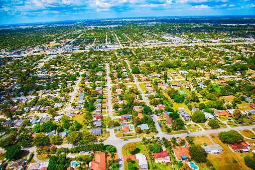 A middle class suburban Miami neighborhood shot from an altitude of approximately 700 feet during a helicopter photo flight.