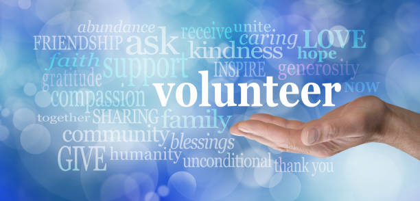 Volunteers Needed Word Cloud Male hand palm up with the word 'volunteer' floating above surrounded by a relevant word cloud on a blue bokeh background altruism photos stock pictures, royalty-free photos & images
