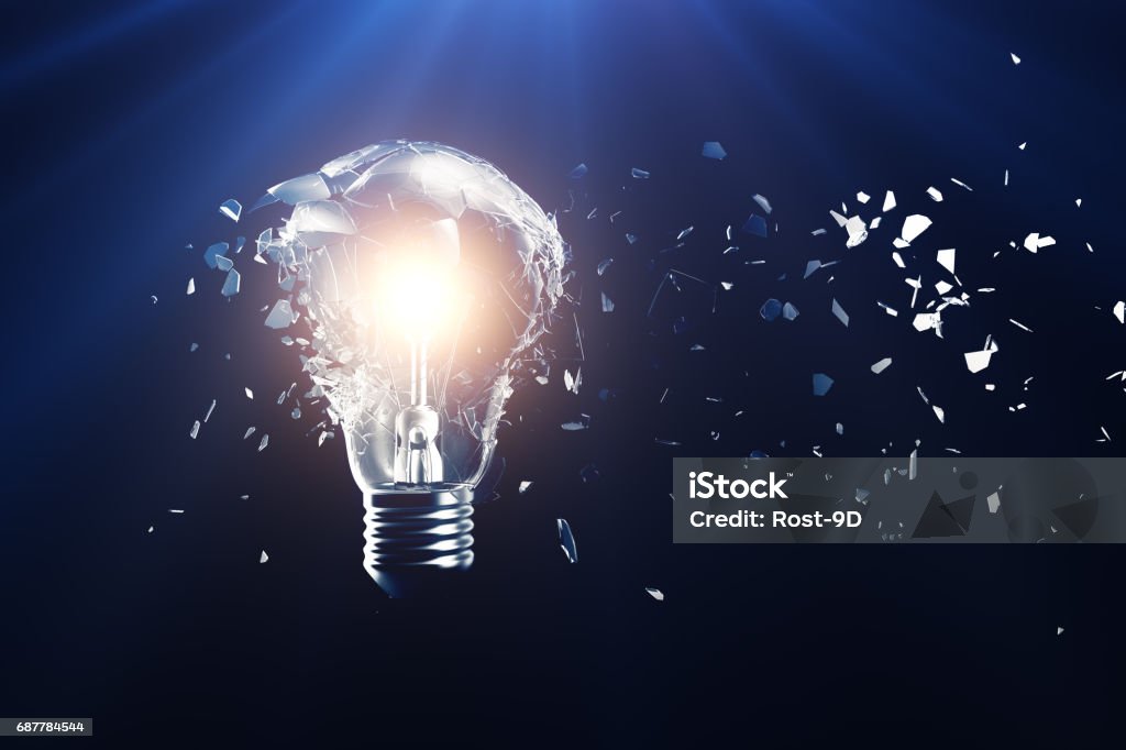 Exploding light bulb on a blue background, with concept creative thinking and innovative solutions. 3D rendering Exploding light bulb on a blue background, with concept creative thinking and innovative solutions, 3D rendering Impact Stock Photo