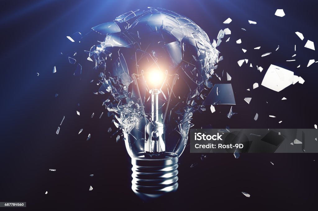 Exploding light bulb on a blue background, with concept creative thinking and innovative solutions. 3D rendering Exploding light bulb on a blue background, with concept creative thinking and innovative solutions, 3D rendering Authority Stock Photo