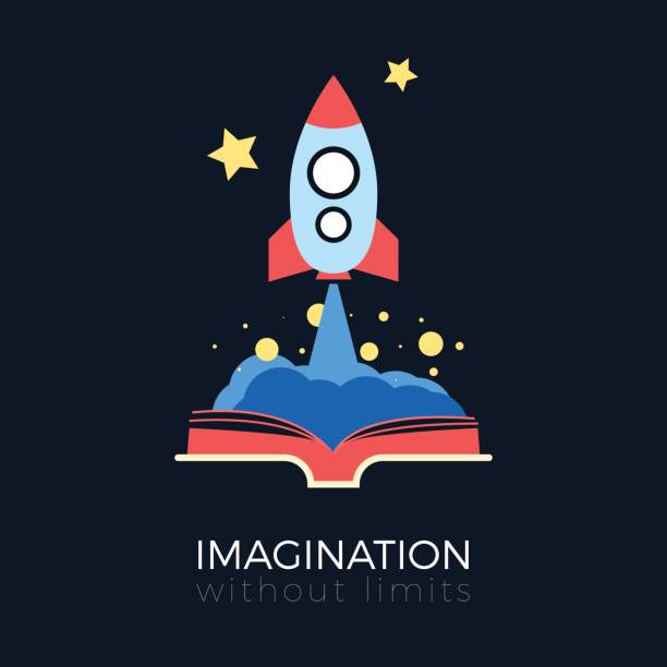 ilustraciones, imágenes clip art, dibujos animados e iconos de stock de imaginación: exploración del espacio - icono niño leyendo
