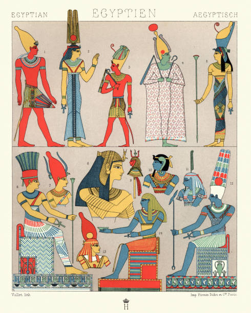 Ancient egyptian costumes, Divine and Rural Finery Vintage engraving of Ancient egyptian costumes, Divine and Rural Finery. Le costume historique, A Racinet egyptian ethnicity stock illustrations