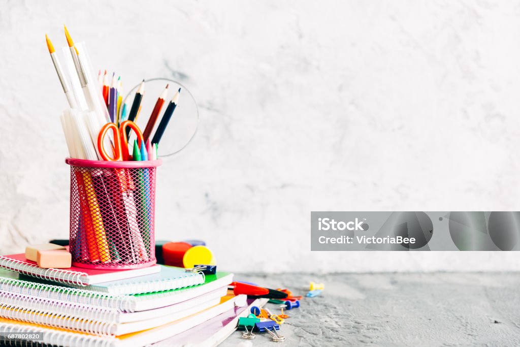 School and office supplies. Stationery on white background. Office Supply Stock Photo