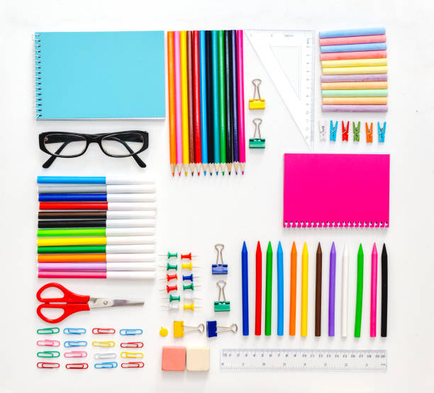 istock School and office supplies frame, on white background, back to school 687802954