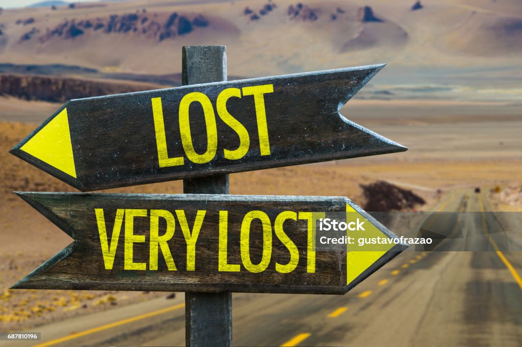 Lost - Very Lost sign Lost - Very Lost signpost in a desert background Lost Stock Photo