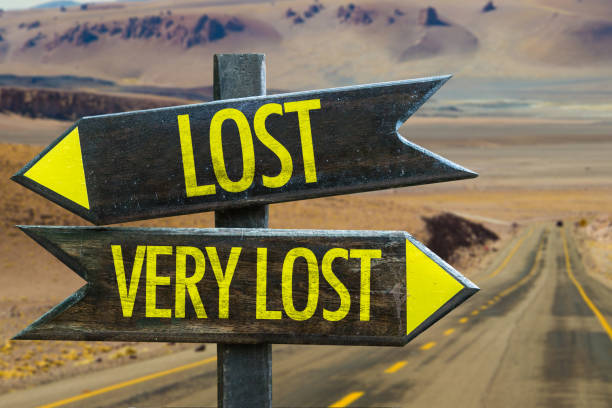 lost - very lost sign - solution road sign guidance sign imagens e fotografias de stock