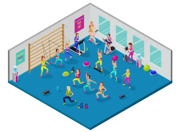 Vector illustration of Isometric fitness illustration with group of girls and trainer a