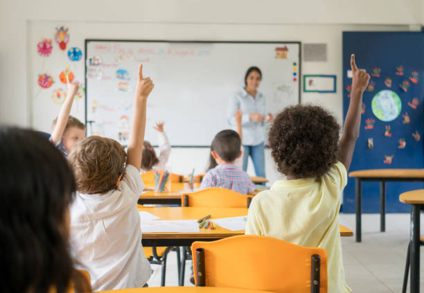 istock Students raising their hands in class at the school 687830510