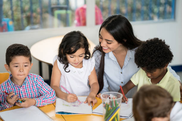 istock Happy teacher in class with a group of students 687830588
