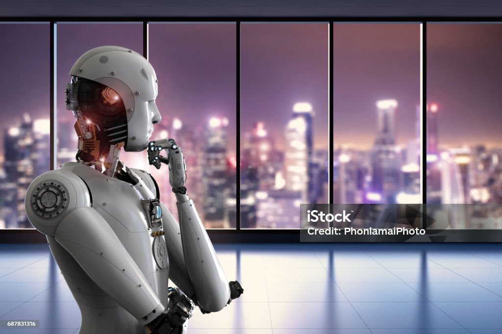 android robot thinking in office 3d rendering android robot thinking in office Artificial Intelligence Stock Photo