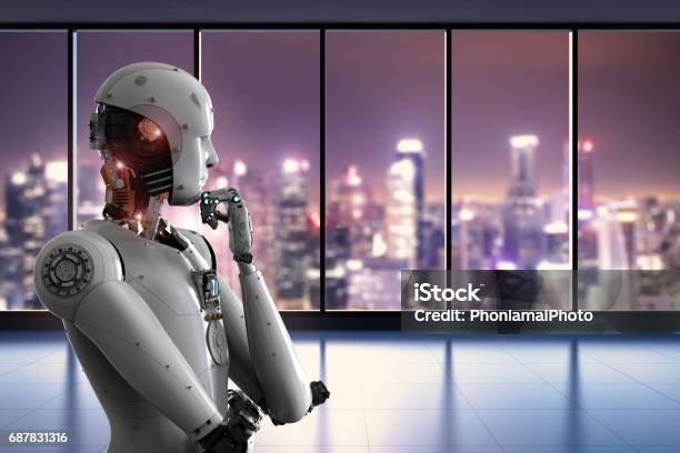 Android Robot Thinking In Office Stock Photo - Download Image Now - Artificial Intelligence, Robot, Cyborg