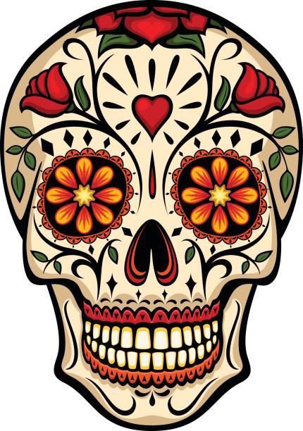 Sugar Skull Vector illustration of an ornately decorated Day of the Dead sugar skull, or calavera. Illustration uses no gradients, meshes or blends, only solid color. Includes both AI10-compatible .eps format and a high-res .jpg. mexican day of the dead stock illustrations