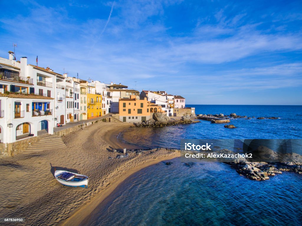 Aerial view of coast of Llafranc Palafrugell Aerial view of coast of Llafranc Palafrugell, Spain, Port Bo Aerial View Stock Photo