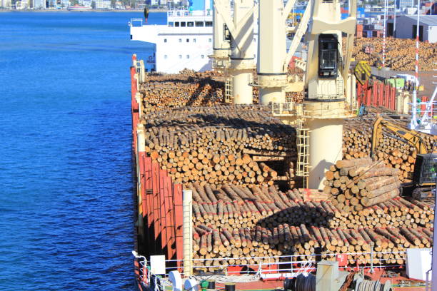 A ship being loaded with logs in New Zealand.