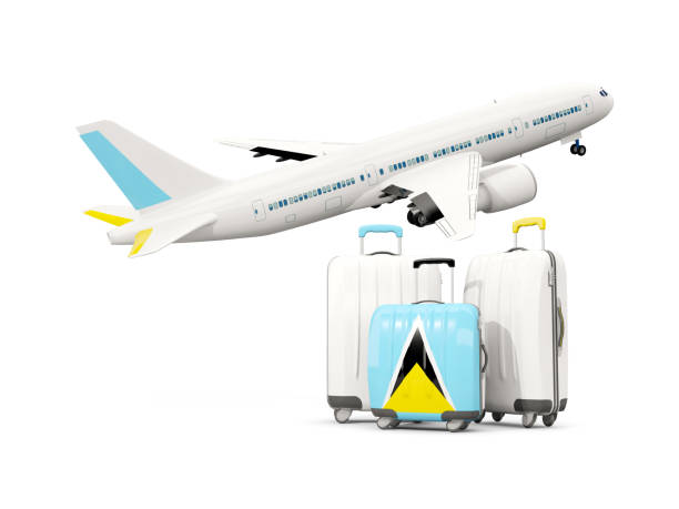 ilustrações de stock, clip art, desenhos animados e ícones de luggage with flag of saint lucia. three bags with airplane - suitcase flag national flag isolated on white