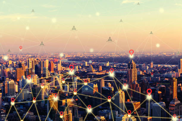 istock Network connection and communication concept in downtown city at sunset. 687850458