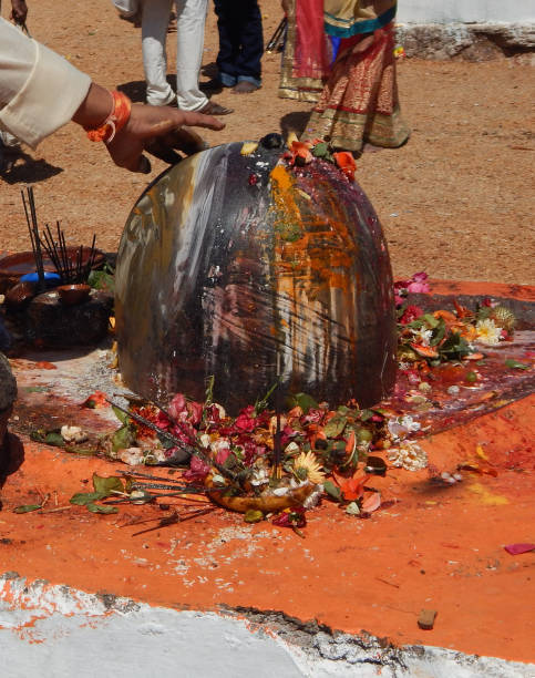 hindus führen puja um lord shiva statue aus stein, in der nähe der tempel, in mahasihvaratri fesival - shivalinga stock-fotos und bilder