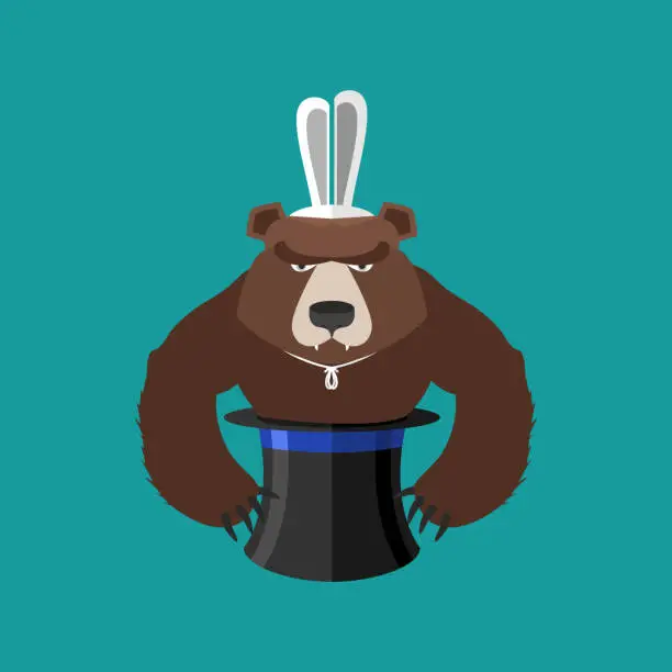 Vector illustration of magical hat and bear. Magic trick predator.