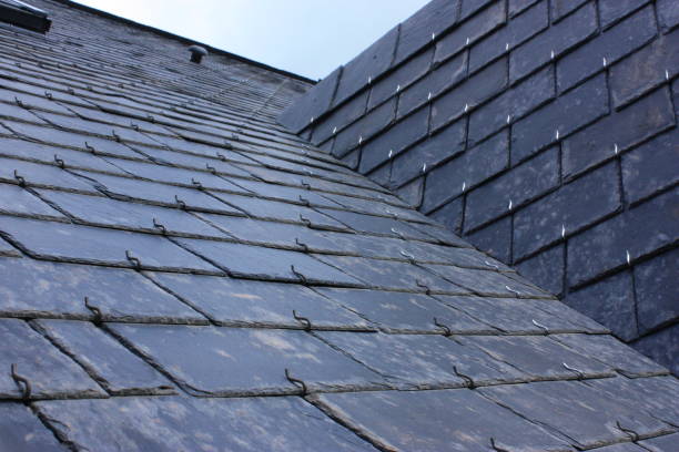 Roof of house in slate tiles Roof of house in slate tiles - Brittany in France slate rock stock pictures, royalty-free photos & images