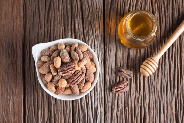 Honey roasted mixed nuts, Top view.