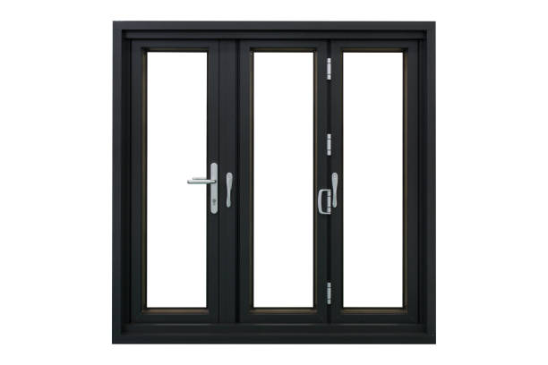 aluminum frame bi folding doors black powder coated three panels bi folding doors bi fold doors stock pictures, royalty-free photos & images