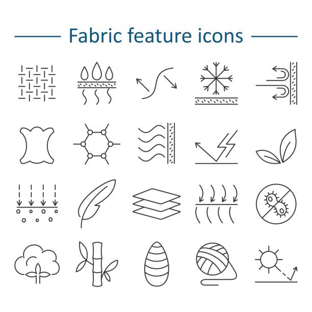 Fabric feature line icons. Pictograms with editable stroke for g Fabric and clothes feature line icons. Linear wear labels. Elements - cotton, wool, waterproof, uv protection, breathable fiber and more. Textile industry pictograms with editable stroke for garments. bamboo fabric stock illustrations