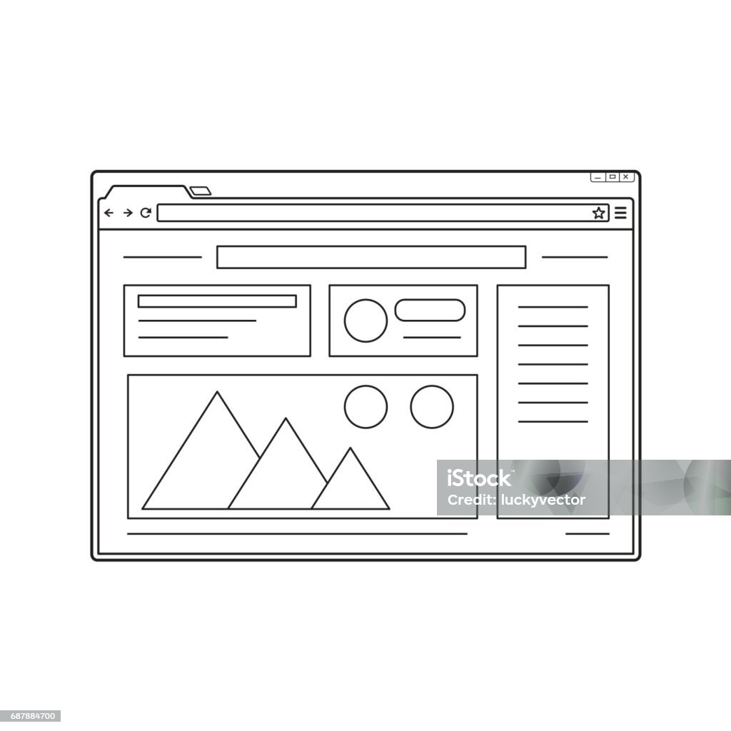 Modello di finestra del browser Web di linea. Modello di pagina del sito Web. - arte vettoriale royalty-free di Wireframe per sito Web