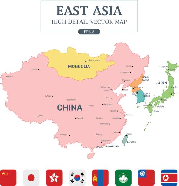 ilustraciones, imágenes clip art, dibujos animados e iconos de stock de asia oriental mapa completo color alta detalle separados todos los países vector ilustración - extremo oriente