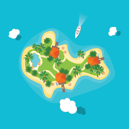 Cartoon Color Tropical Island in Ocean or Sea Top View Flat Style Design. Vector illustration