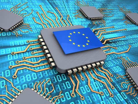 3d illustration of computer chips over digital background with EU flag