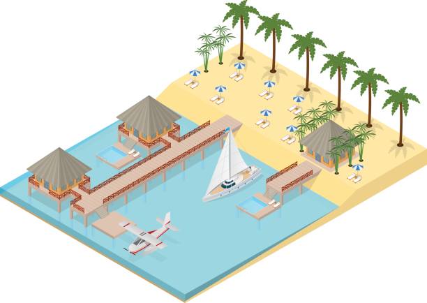 ilustraciones, imágenes clip art, dibujos animados e iconos de stock de bungalow en la costa del mar vista isométrica. vector de - isometric sea coastline beach