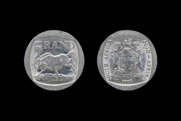 istock Five south african rand coin isolated on black background, year 1995. 687909444