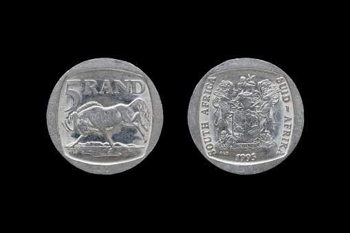 Five south african rand coin isolated on black background, year 1995.