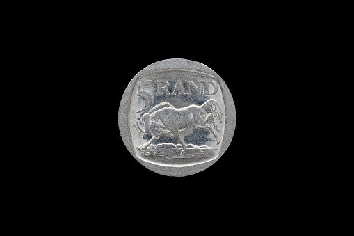 Five south african rand coin isolated on black background, year 1995.