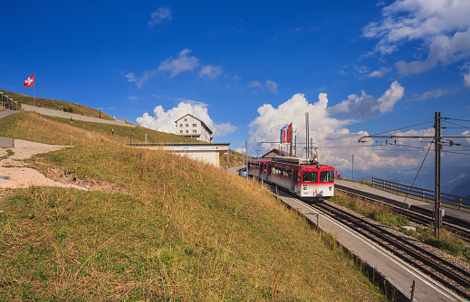 Mt. Rigi, Switzerland - 8 September, 2014: railway station on the top of the mountain. The Rigi is a mountain massif of the Alps, located in central Switzerland, railway transportation on the Rigi is served by the Rigi Railways company, which is Europe's oldest mountain railway operator.