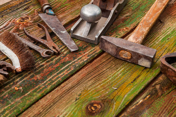 istock Old vintage hand tools on wooden background 687913014