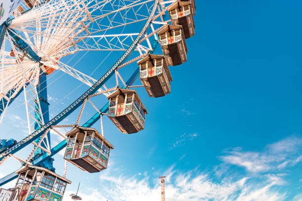 Munich , Germany - September 29, 2016:  low angle view on empty ferris wheel at Oktoberfest in Munich under blue sky
