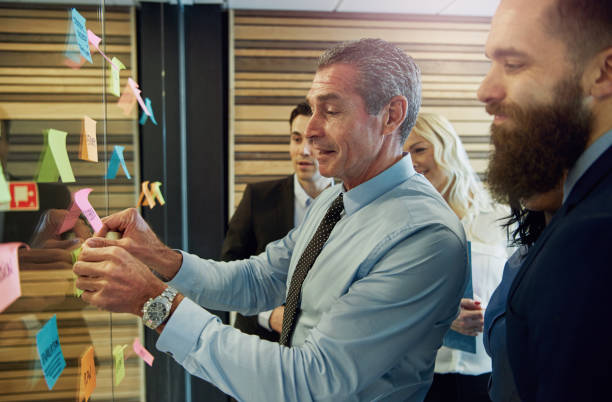istock Businessman putting sticker on the planning wall 687920180