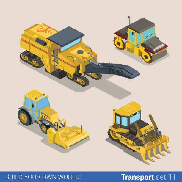 Vector illustration of Flat 3d isometric style modern road highway surface making construction site wheeled track vehicles transport web app icon set concept. Brush cutter hedge trimmer asphalt roller compactor grubber.