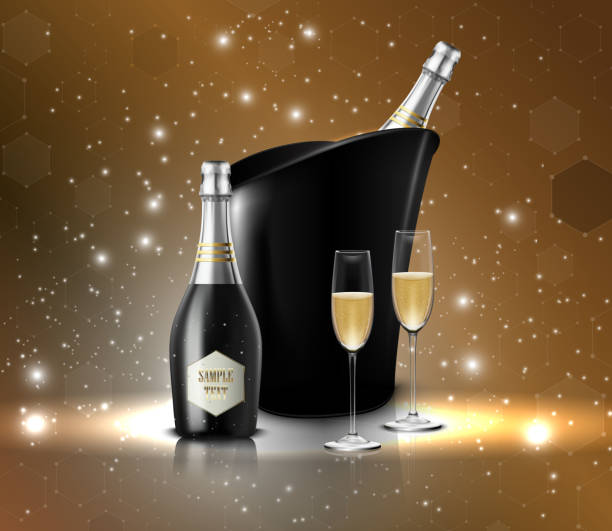 ilustrações, clipart, desenhos animados e ícones de copo de vinho com pretos garrafas de vinho de champanhe em um balde - champagne flute champagne black wineglass