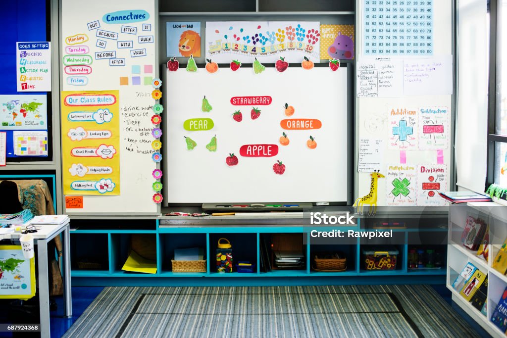 Kindergarten Classroom White Board Learning School ***NOTE TO INSPECTOR: See attached property release.*** Classroom Stock Photo
