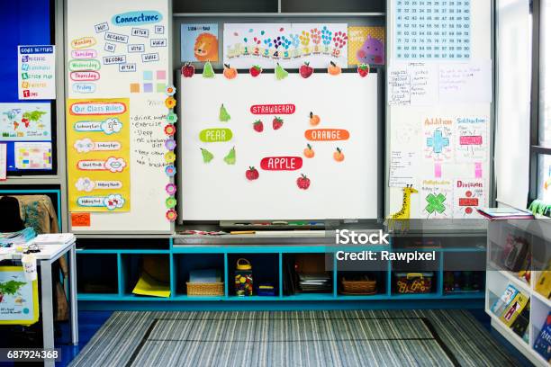 Kindergarten Classroom White Board Learning School Stock Photo - Download Image Now - Classroom, Preschool, Showing