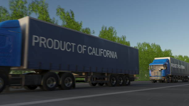 móveis semi caminhões com legenda de produto da califórnia no reboque. transporte de cargas rodoviário. renderização 3d - baker california - fotografias e filmes do acervo
