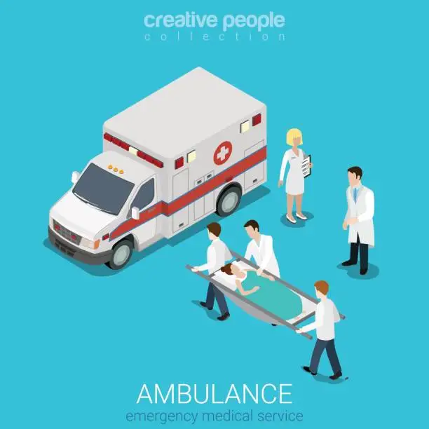 Vector illustration of Flat 3d isometric style ambulance emergency medical evacuation accident concept web infographics vector illustration. Orderlies carry patient stretcher. Creative people website conceptual collection.