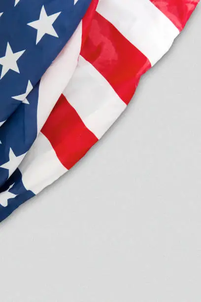 High angle view of an American flag on isolated white background