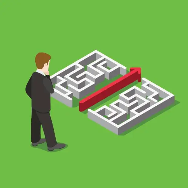 Vector illustration of Business maze puzzle solution flat 3d web isometric infographic concept vector template. Businessman before labyrinth and straight line break it. Creative people collection.